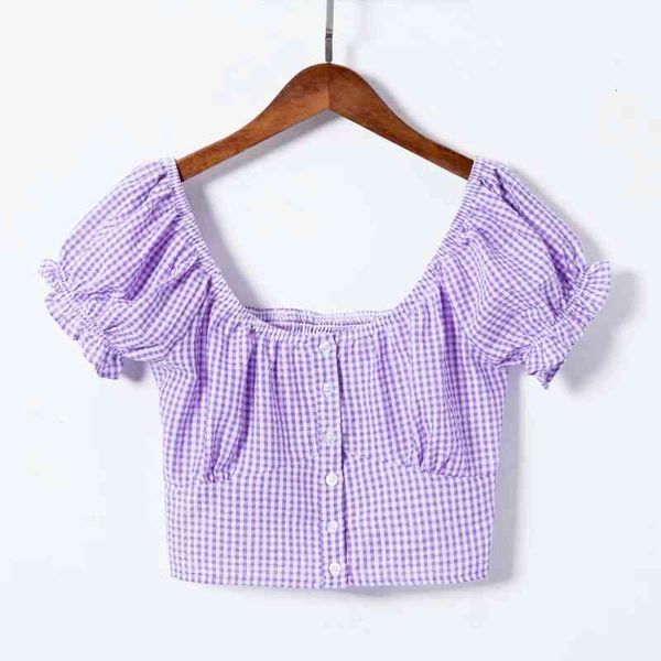 

vintage elegant blouse women shirts boho sqaure neck button front crop blouse gingham puff sleeve ladies streetwear, White