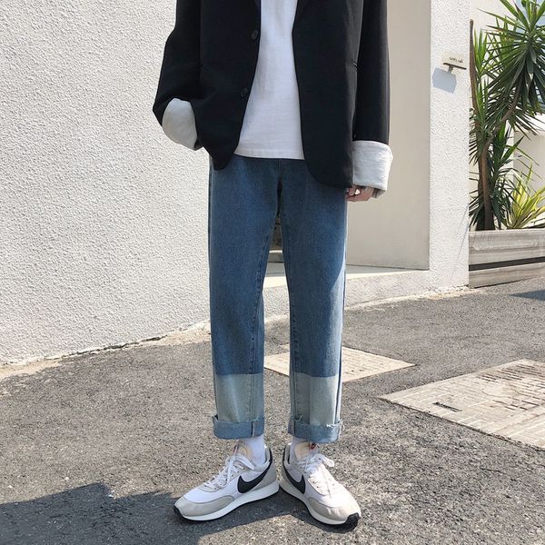 

2021 new autumn korean gradient men's fashion casual retro straight jeans men streetwear wild loose hip-hop denim trousers mens hmn3, Blue