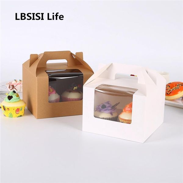 

lbsisi life 10pcs 15.5*15.5*11 kraft/white handle paper box with transparent window bbay shower handmade cupcake child favor