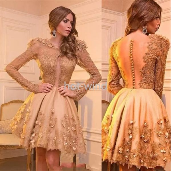 Novo Sexy Gold Cocktail Cocktail Vestidos de Jóia Ilusão de Garganta Longa Mangas Lace Appliques com Flores Feito à Mão Mini Mini Noite Vestido de Festa de Primeiro EE