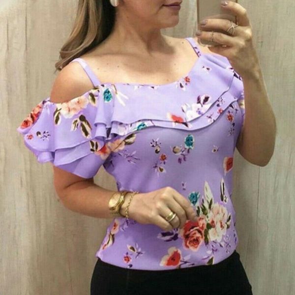 

women's blouses & shirts womens off shoulder floral blouse shirt spaghetti strap ladies slim plus size ruffle short sleeve slash neck, White