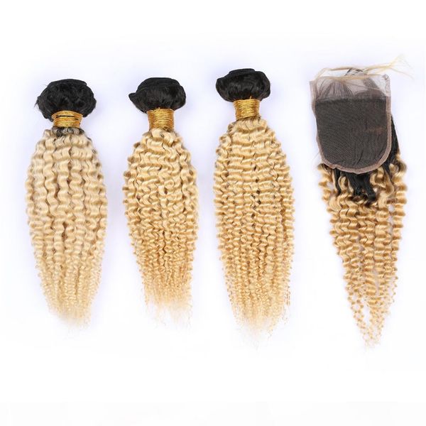

ombre brazilian unprocessed human hair bundles with closure 4" * 4" dark root kinky curly #1b #613 closure and bundles, Black;brown