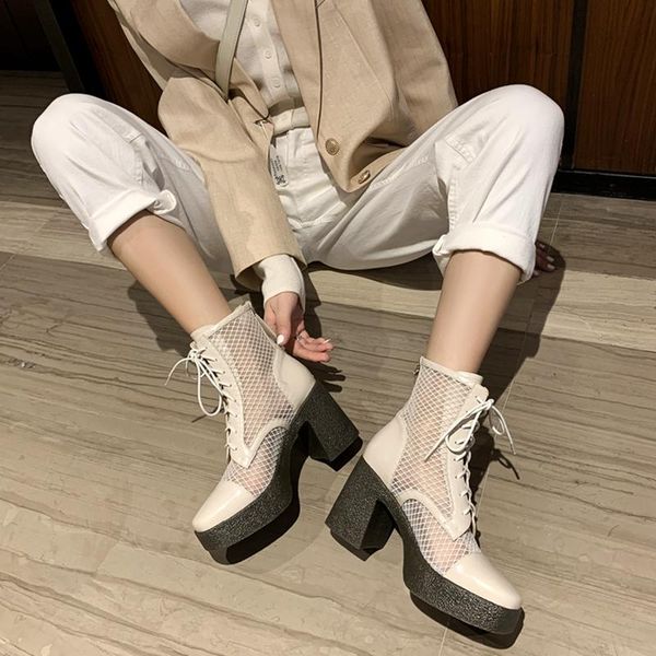 

boots autuspin 2021 summer women mesh motorcycle fashion cross tie platform shoes for female genuine leather square toe, Black