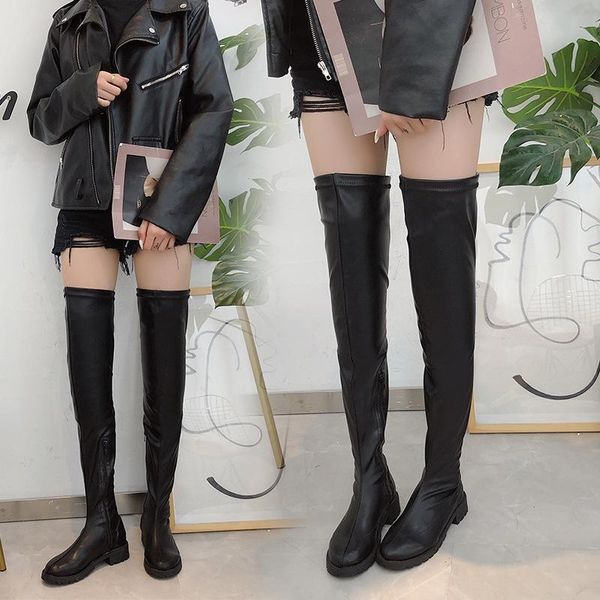 

boots big women's 2021 winter round head flat sleeve over the knee autumn women shoes woman, Black