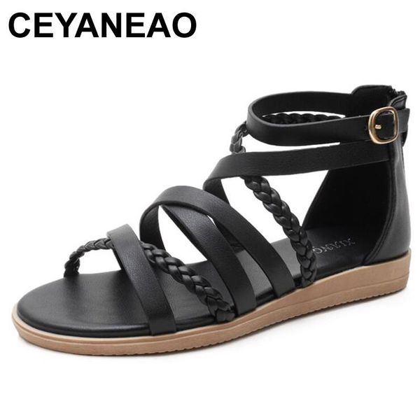 

ceyaneao women flat sandals ladies soft leather weave cross straps design female shoes cover heel zipper open size 36-42, Black