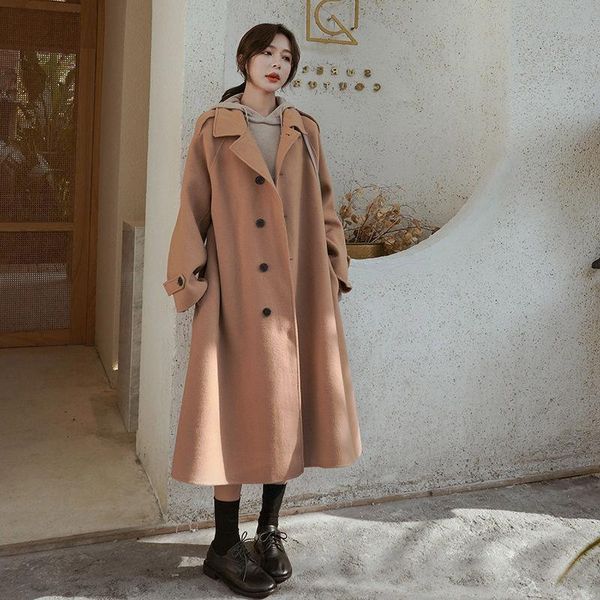 

women's wool & blends anbenser women mid-length coat solid single breasted elegant turn-down collar slim fit loose thick office lady, Black