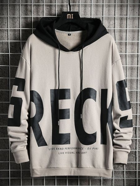 

men slogan graphic drawstring hoodie w8za#, Black