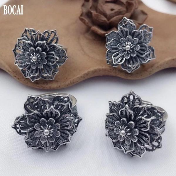 

cluster rings bocai product solid s999 pure silver peony flower female ring retro ethnic style lace big woman finger, Golden;silver