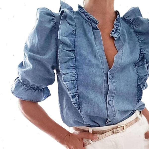 

office blue denim blouse 2021 autumn solid ruffles puff short sleeve shirts women fashion womens button blusa feminina, White