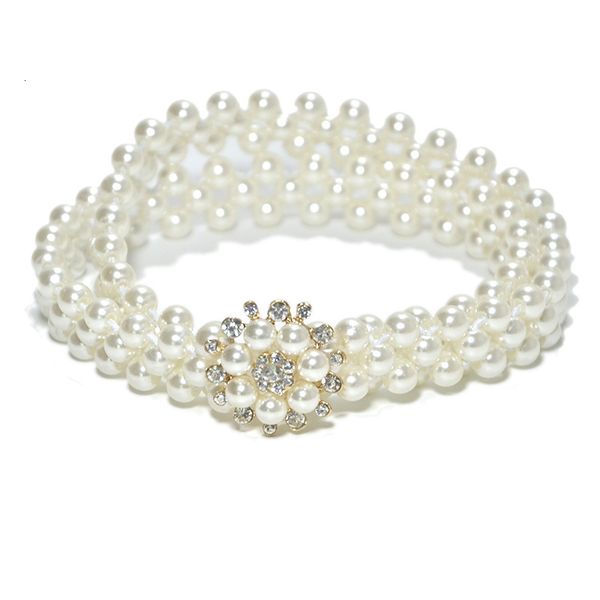

korean version of sweet and versatile women's pearl waist chain rhinestone inlaid elastic pearl thin belt, Black;brown