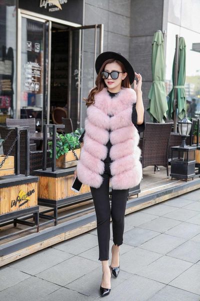 

women's fur & faux winter vest imitation coat long large, Black