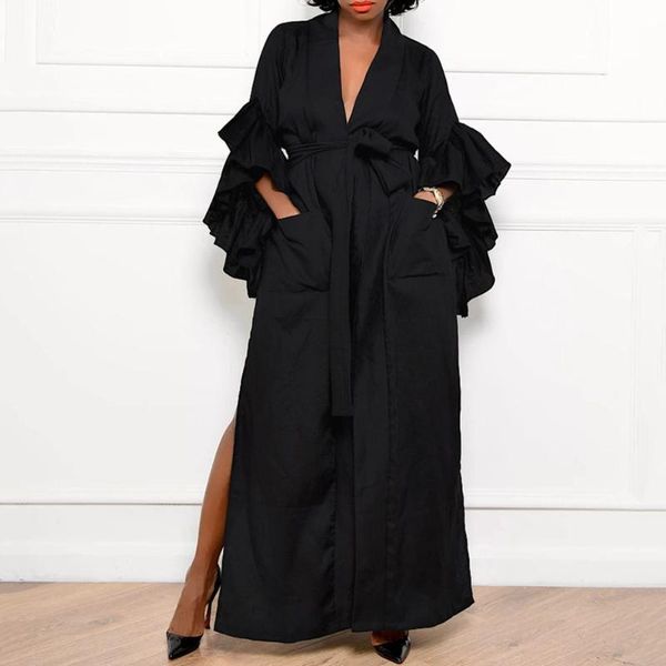 

casual dresses western style fashion autumn 2021 solid color bandage flared sleeves dress women loose simplicity v-neck, Black;gray