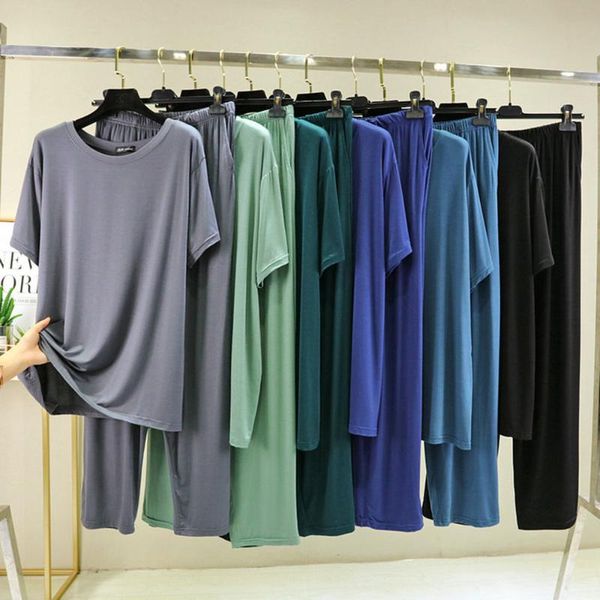 

men's sleepwear fdfklak 4xl-6xl large pajamas set casual comfortable homewear two-piece elastic waist trousers summer modal, Black;brown