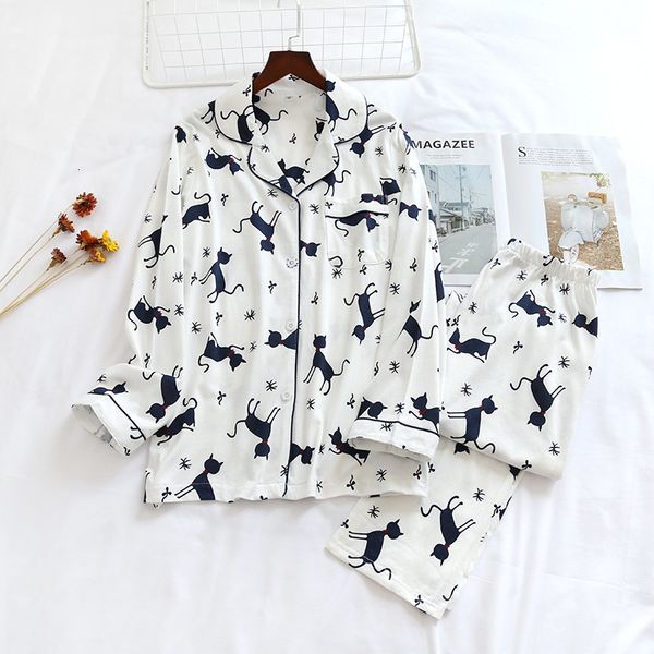

2021 new spring and autumn ladies pajamas suits,cotton long-sleeved home clothes, summer thin cartoon kittens, fresh knitted cotton suits rw, Black;brown