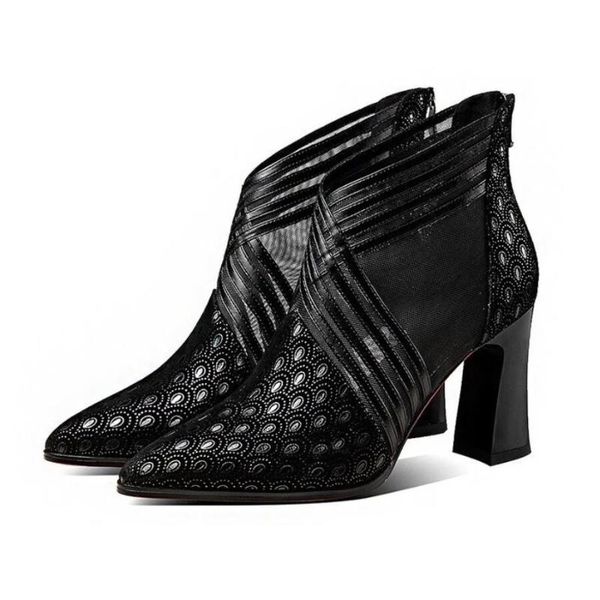 

luxury designer women rough heel hollow mesh gladiator sandals mule sandals slippers ladies pointed toe slides party shoes, Black