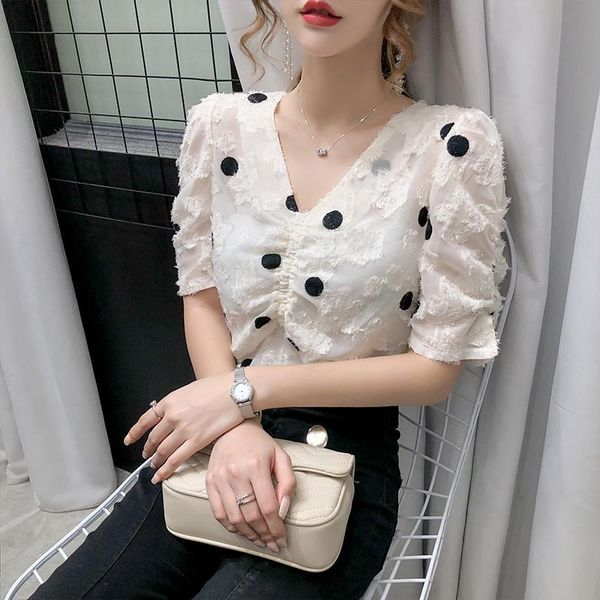 

2021 summer dot chiffon blouse shirt v-neck embroidered ruched thin woman vintage transparent loose short sleeve blouses, White