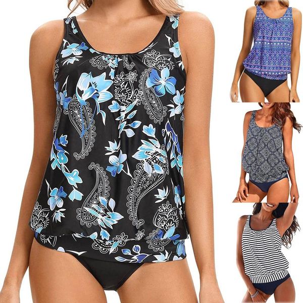 

women's swimwear women plus size swimsuits print strappy back tankini set two piece summer swimdress maillot de bain 2 piÃ¨ce femme, White;black