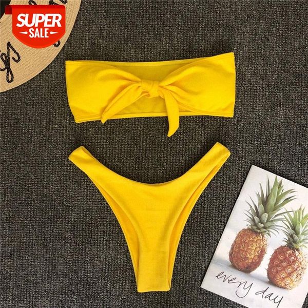 

bathing suits ladies split swimsuit solid color knotted bikini high fork special fabric 955 #kh7r, White;black