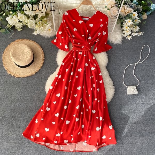 

oceanlove print elegant a-line vestidos v neck high waist fashion korean vintage dresses short sleeve summer dress women 14558 210309, Black;gray