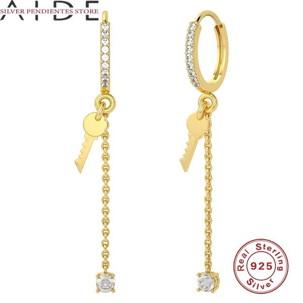 

hoop & huggie aide s925 sterling silver key pendant earring for women long chain hoops earrings gold fashion jewelry pendientes mujer, Golden;silver