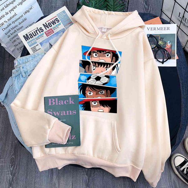 

captain tsubasa printed men's hooded sweatshirt, loose long sve casual wear, polar lining, cartoon comfort, anime punk sweatshirt, Black
