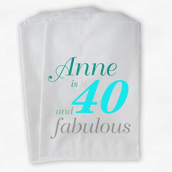 

gift wrap custom 40-60th birthday personalized candy buffet bags - fabulous favor in aqua ombre and silver paper treat