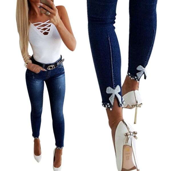 

women's jeans sale womens streetwear stretch denim pants woman casual high waist lace pearl bow straight trouser full-length d30, Blue