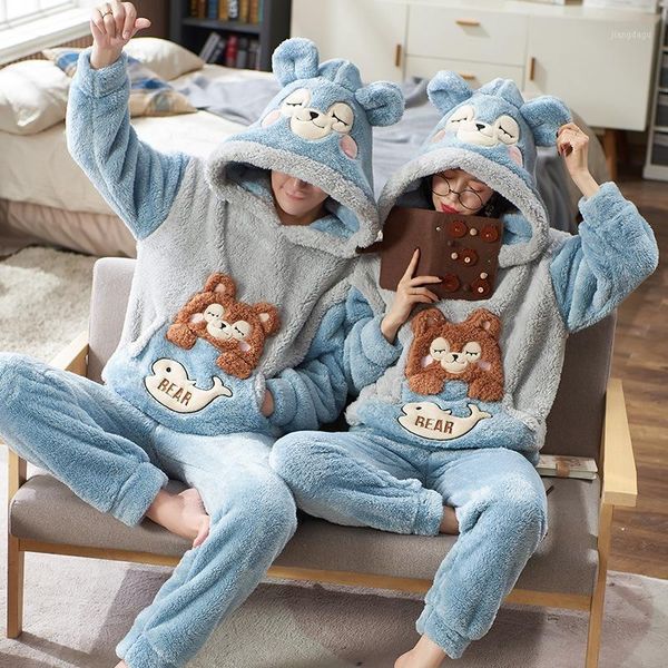 

men's sleepwear winter couple pajamas set coral fleece sleep trousers for women men thicken hoodies pyjamas suit loungewear homme, Black;brown