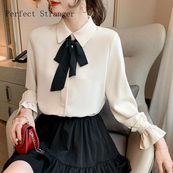 

women's blouses & shirts 2021 autumn arrival bow collar long sleeve women chiffon blouse high quality, White