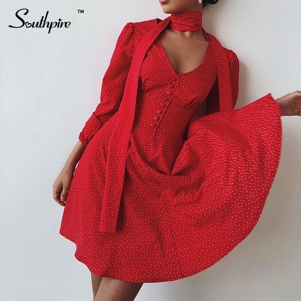 

southpire v-neck red polka dot women dress front button high waist party dress ladies elegant spring summer dress ladies 210303, Black;gray