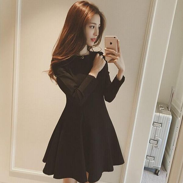 

casual dresses slim fit black dress nice autumn fashion women long sleeve a-line solid pleated evening mini, Black;gray