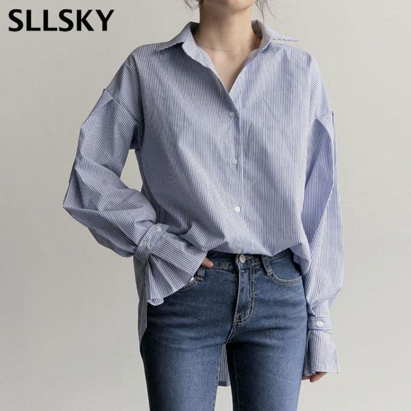 

sllsky blue vertical stripe shirt women's spring new lantern sleeve vintage blouse loose simplicity lapel office lady base, White