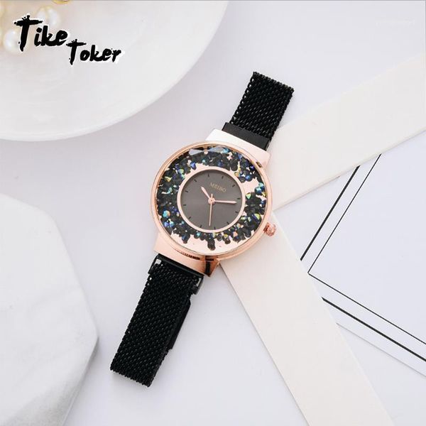 

tike toker quartz fashion brand ladies bracelet watch set special shaped raised glass dial elegant chain wristwatches, Slivery;brown