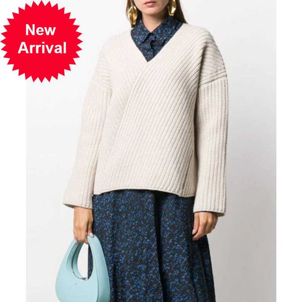 

solid color v-neck 10.24 wool pullover knitwear women loose casual fashion striped sweater 2021 autumn winter new, White;black