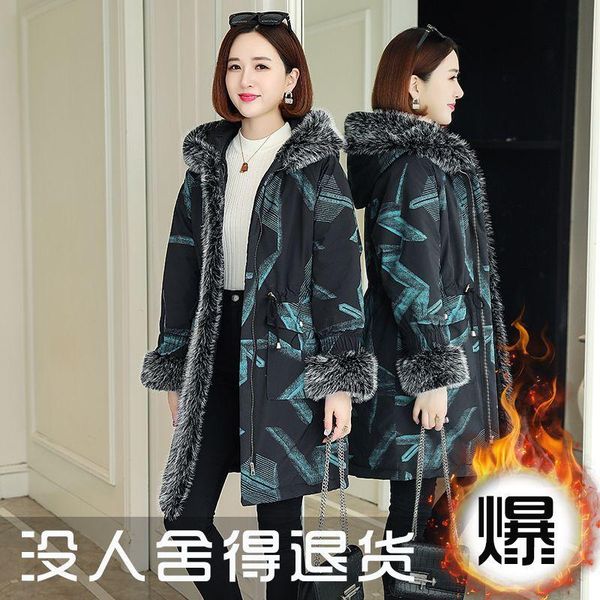 

women's fur & faux autumn and winter party overcome women big collar cotton-padded coat hooded long thickened large size, Black