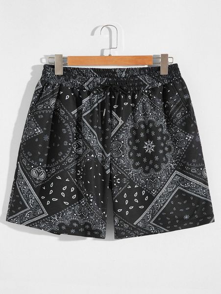 

men drawstring waist paisley shorts g8m4#, Black
