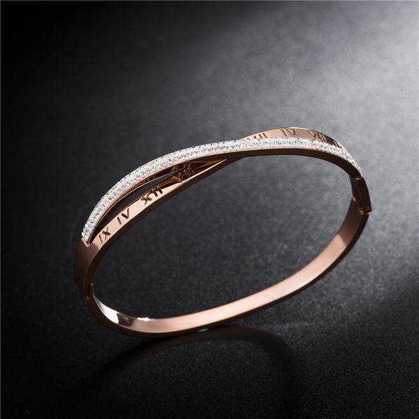 

classic design rose gold titanium steel bangle bracelet full diamond roman numerals wristband, Black