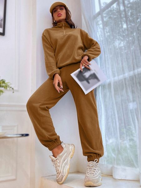 

quarter zip solid sweatshirt & joggers 74n3#, White