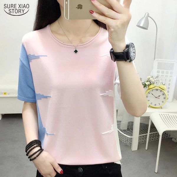 

women's blouses & shirts casual short sleeve ladies korean pink o-neck blouse women blusas mujer de moda 2021 summer thin knitted tee, White