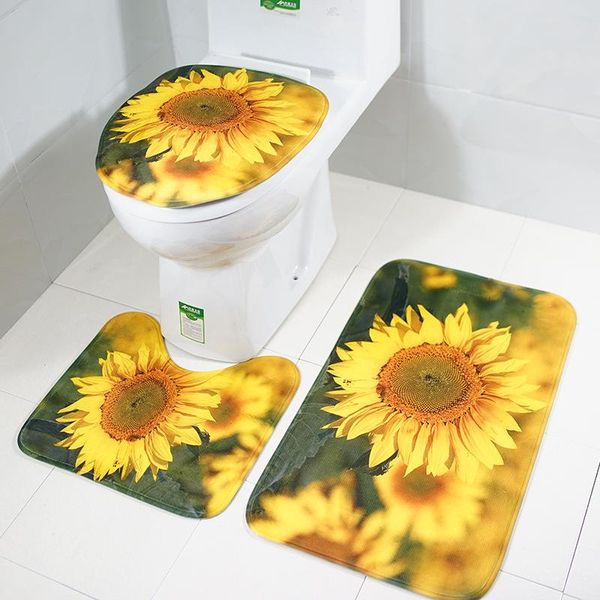 

bath mats sunflower printed 3pieces bathroom set anti-slip floor rugs toilet lid cover soft rug and mat sets