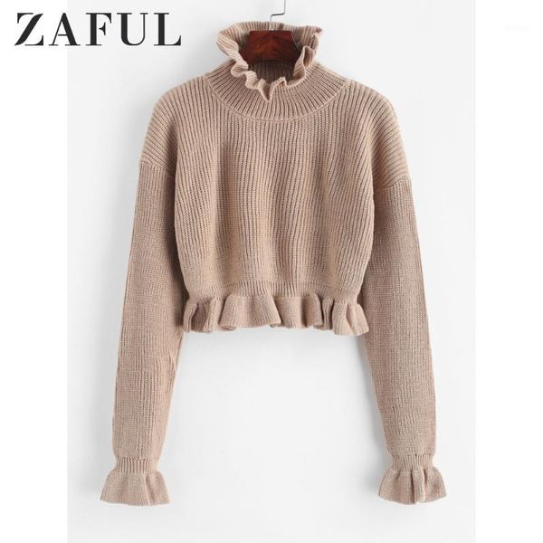 

zaful solid ruffled sweater 2019 autumn winter casual short pullover daily elastic sweater flounced cropped women' s1, White;black