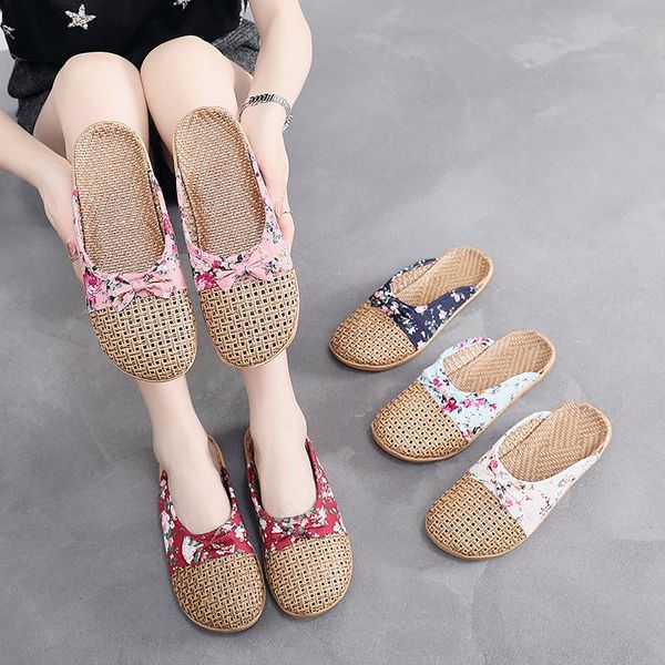

slippers 2021 summer floral bow cane linen anti-slip flat home slipper indoor cozy scuffs women men non-slip floor shoes, Black