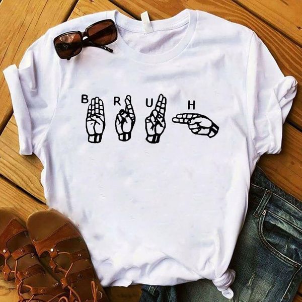 

gesture hand printed short sleeve women t shirts tee clothes graphic, White
