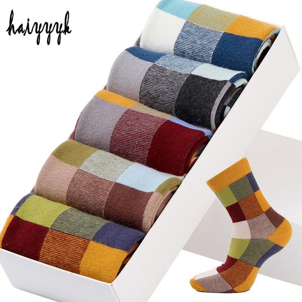 

men's socks 5 pairs/lot combed cotton compression fashion colorful square happy dress men size 39-45, Black