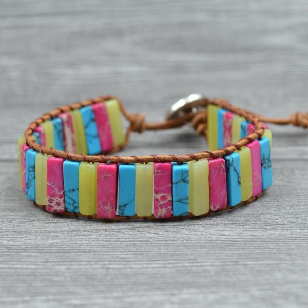 

tennis colorful natural tube stones beaded bracelets genuine leather cord women handmade cuff bangles wholesale jewelry bohemian bangle, Golden;silver