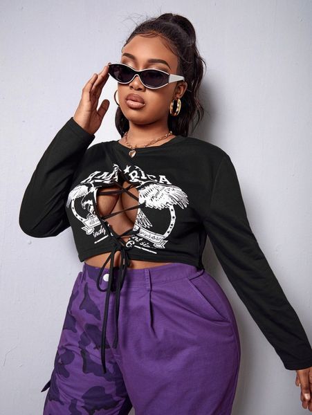 

sxy plus wings and letter graphic cut out lace up front crop tee y4ax#, Black