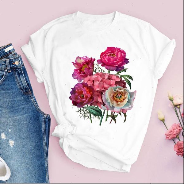 

women graphic flower floral elegant short sleeve fashion cute 90s lady tees print clothing female t shirt womens t shirt, White