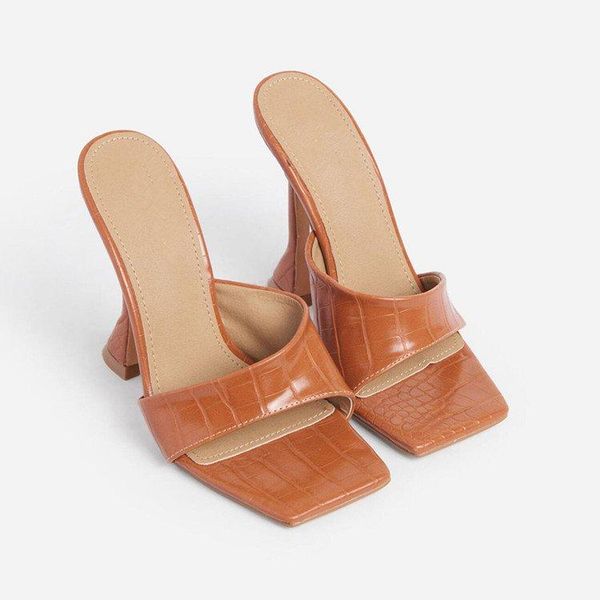 

slippers women summer female shoes low slides square toe heeled mules big size 2021 high rubber rome pu fabric basic hoof, Black