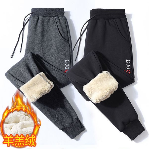 

2021 new wearing winter men's sweatpants more veet embroidered thin big warm pants solid sports play 2o19, Black