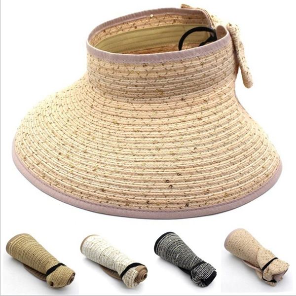 

wide brim hats shading collapsible sequins bow women straw hat sun protection outdoor summer beach visor cap, Blue;gray